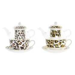 Teiera DKD Home Decor Leopardo Cristallo Porcellana Marrone Trasparente Bianco (2 Unità)