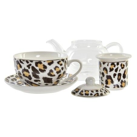 Teiera DKD Home Decor Leopardo Cristallo Porcellana Marrone Trasparente Bianco (2 Unità)