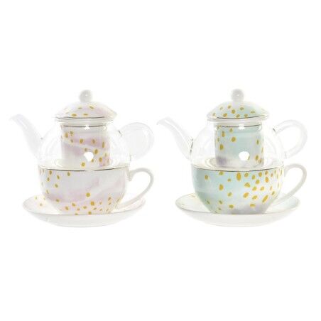 Teiera DKD Home Decor Cristallo Porcellana Rosa Trasparente Bianco Verde (2 Unità)