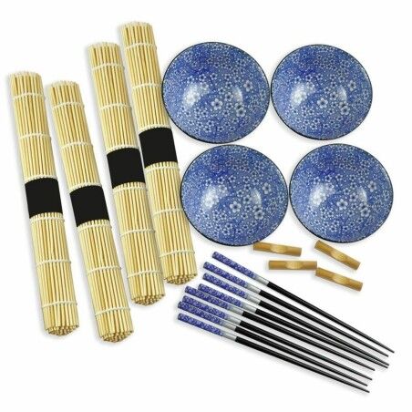 Set per Sushi DKD Home Decor 14,5 x 14,5 x 31 cm Nero Azzurro Gres Orientale (16 Pezzi)