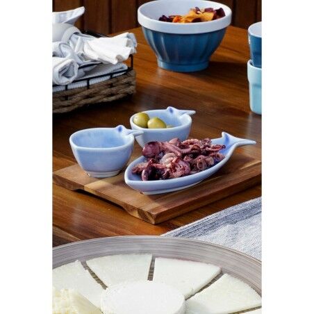Set da Aperitivo Home ESPRIT Azzurro Blu cielo Porcellana Acacia Mediterraneo Pesci 19,5 x 16,5 x 1,3 cm 4 Pezzi