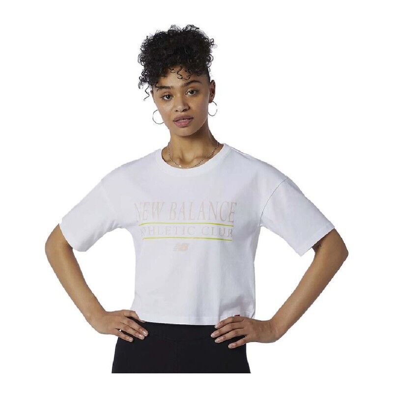 Maglia a Maniche Corte Donna New Balance Essentials Athletic Club Boxy Bianco Maglia a Maniche Corte Donna New Balance Essentials Athletic Club Boxy Bianco