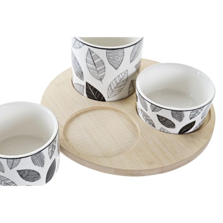 Set da Aperitivo DKD Home Decor Bianco/Nero Bambù Gres Fogli Cottage 3 Pezzi 8 cm 20 x 20 x 8 cm