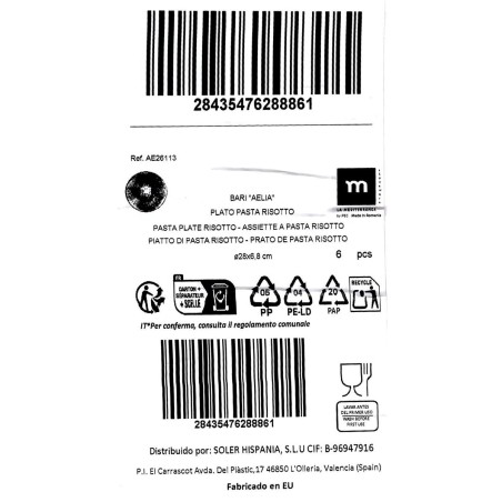 Piatto per Pasta La Mediterránea Aelia Ø 28 cm (6 Unità)