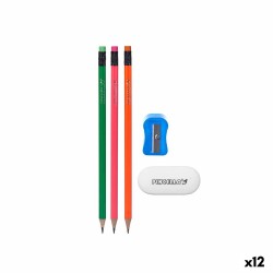 Set di Matite Pincello 477 Azzurro Rosso Verde Arancio Temperamatite Gomma da cancellare (12 Unità)
