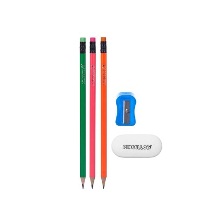 Set di Matite Pincello 477 Azzurro Rosso Verde Arancio Temperamatite Gomma da cancellare (12 Unità)