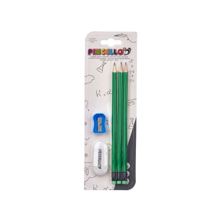Set di Matite Pincello 477 Azzurro Rosso Verde Arancio Temperamatite Gomma da cancellare (12 Unità)