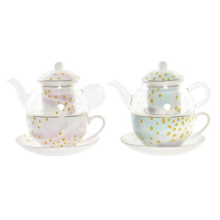 Teiera DKD Home Decor Cristallo Porcellana Rosa Trasparente Bianco Verde (2 Unità)