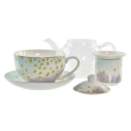 Teiera DKD Home Decor Cristallo Porcellana Rosa Trasparente Bianco Verde (2 Unità)