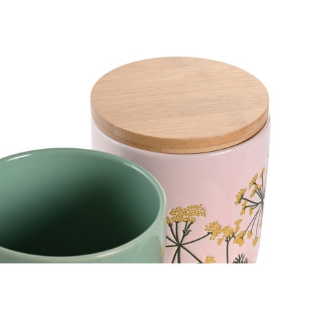 Barattolo DKD Home Decor 11,5 x 11,5 x 12 cm Floreale Rosa Verde Bambù Gres Shabby Chic (2 Unità)