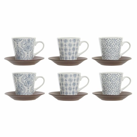 Set di Tazze da Caffè DKD Home Decor Azzurro Bianco Marrone Legno d'albero della gomma Gres 150 ml
