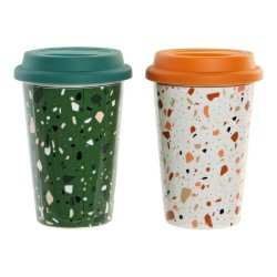 Tazza Mug DKD Home Decor Terrazo Porcellana Beige Verde Silicone 4 Unità (400 ml) (10 x 10 x 14 cm)
