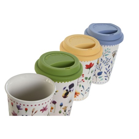 Tazza con Coperchio DKD Home Decor Multicolore Fiori 400 ml (4 Unità)