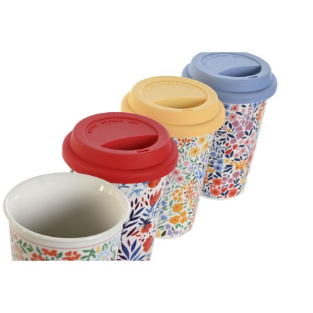 Tazza con Coperchio DKD Home Decor Multicolore Fiori 400 ml (4 Unità)