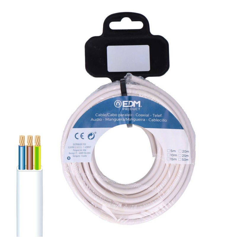 Cavo Elettrico Tubo EDM 28093 Bianco 3 x 1 mm 20 m Audio Cavo Elettrico Tubo EDM 28093 Bianco 3 x 1 mm 20 m Audio