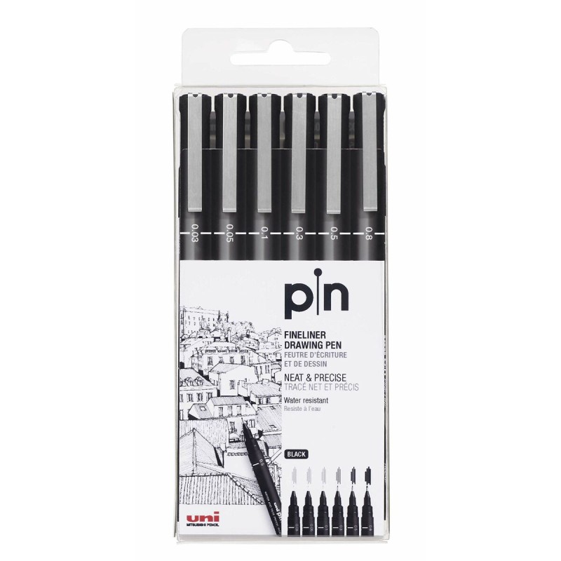 Set di Pennarelli Uni-Ball PIN-200(S) Nero Multicolore 6 Pezzi Set di Pennarelli Uni-Ball PIN-200(S) Nero Multicolore 6 Pezzi