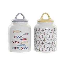 Barattolo DKD Home Decor Bianco Multicolore Gres Mediterraneo (2 Unità)