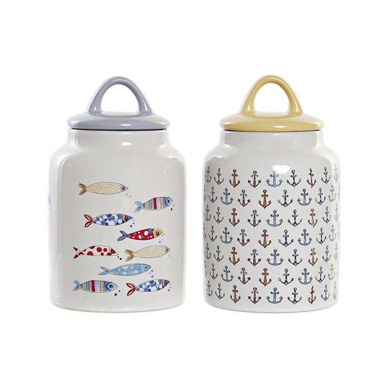 Barattolo DKD Home Decor Bianco Multicolore Gres Mediterraneo (2 Unità) Barattolo DKD Home Decor Bianco Multicolore Gres Mediterraneo (2 Unità)