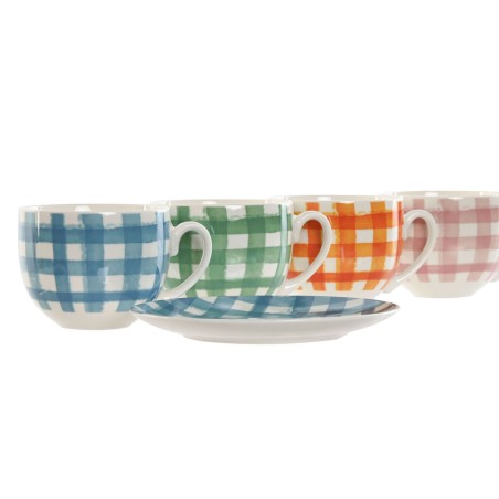 Set di 6 Tazze con Piatto Home ESPRIT Azzurro Verde Arancio Rosa Porcellana Righe Mediterraneo 240 ml