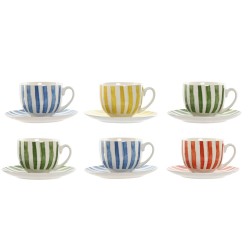 Set di 6 Tazze con Piatto Home ESPRIT Giallo Azzurro Verde Corallo Porcellana Righe Mediterraneo 240 ml