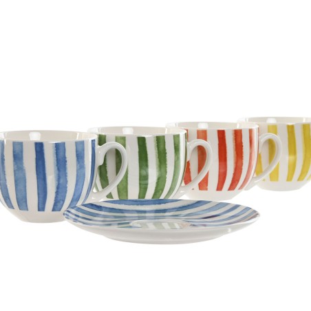 Set di 6 Tazze con Piatto Home ESPRIT Giallo Azzurro Verde Corallo Porcellana Righe Mediterraneo 240 ml