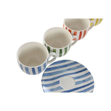 Set di 6 Tazze con Piatto Home ESPRIT Giallo Azzurro Verde Corallo Porcellana Righe Mediterraneo 240 ml