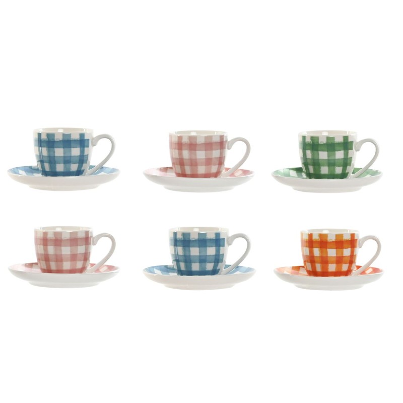 Set di 6 Tazze con Piatto Home ESPRIT Azzurro Bianco Verde Arancio Rosa Porcellana Righe Mediterraneo 90 ml Set di 6 Tazze con Piatto Home ESPRIT Azzurro Bianco Verde Arancio Rosa Porcellana Righe Mediterraneo 90 ml