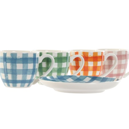 Set di 6 Tazze con Piatto Home ESPRIT Azzurro Bianco Verde Arancio Rosa Porcellana Righe Mediterraneo 90 ml