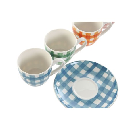 Set di 6 Tazze con Piatto Home ESPRIT Azzurro Bianco Verde Arancio Rosa Porcellana Righe Mediterraneo 90 ml