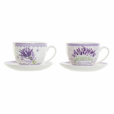 Tazza con Piatto DKD Home Decor Bianco Verde Lilla Porcellana 220 ml (2 Unità)