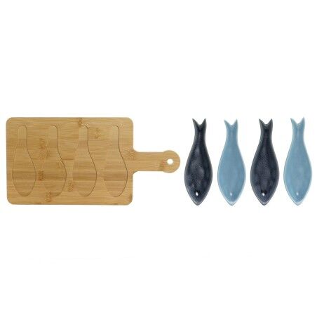 Set da Aperitivo Home ESPRIT Azzurro Verde Blu Marino Bambù Porcellana Mediterraneo Pesci 36 x 18 x 1,3 cm 5 Pezzi